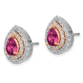 14k Two Tone 7/8 carat Lab Grown Diamond VS/SI+ G+ and Lab Created Pink Sapphire Fancy Teardrop Post Earrings